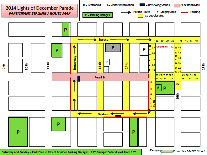 Mapa de 2014 del punto de reunión de los participantes y la ruta del Desfile Lights of December