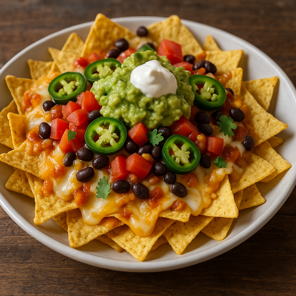 Plate of nachos with guacamole, sour cream, beans and jalapeños (stock or generated image)